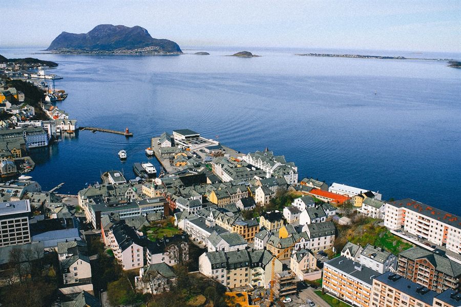 Aerial view of Alesund, Norway, on its islands with the sea and outer islands beyond