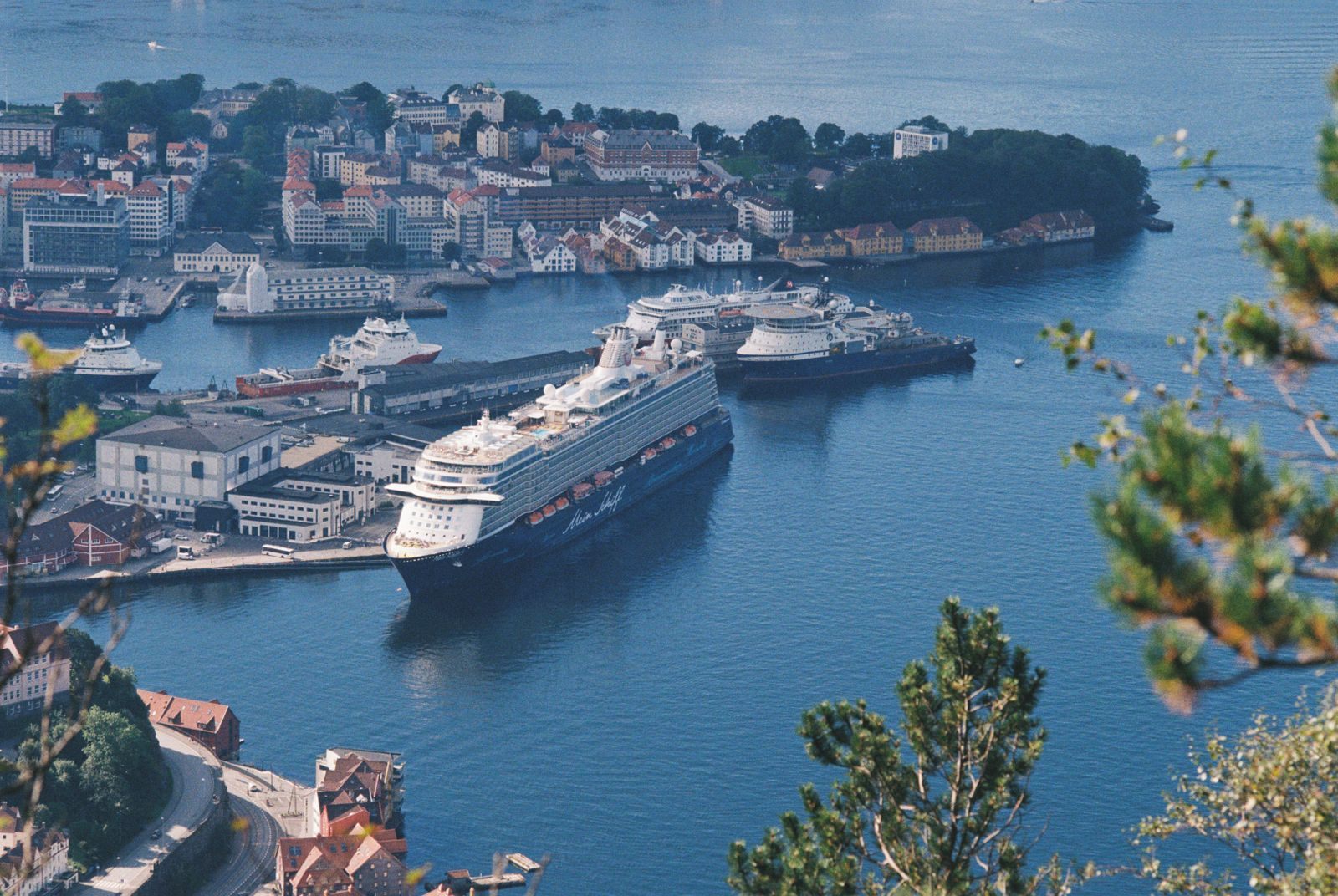 Cruise ships docked in Bergen harbor below the city, one of the busiest Scandinavia cruise ports